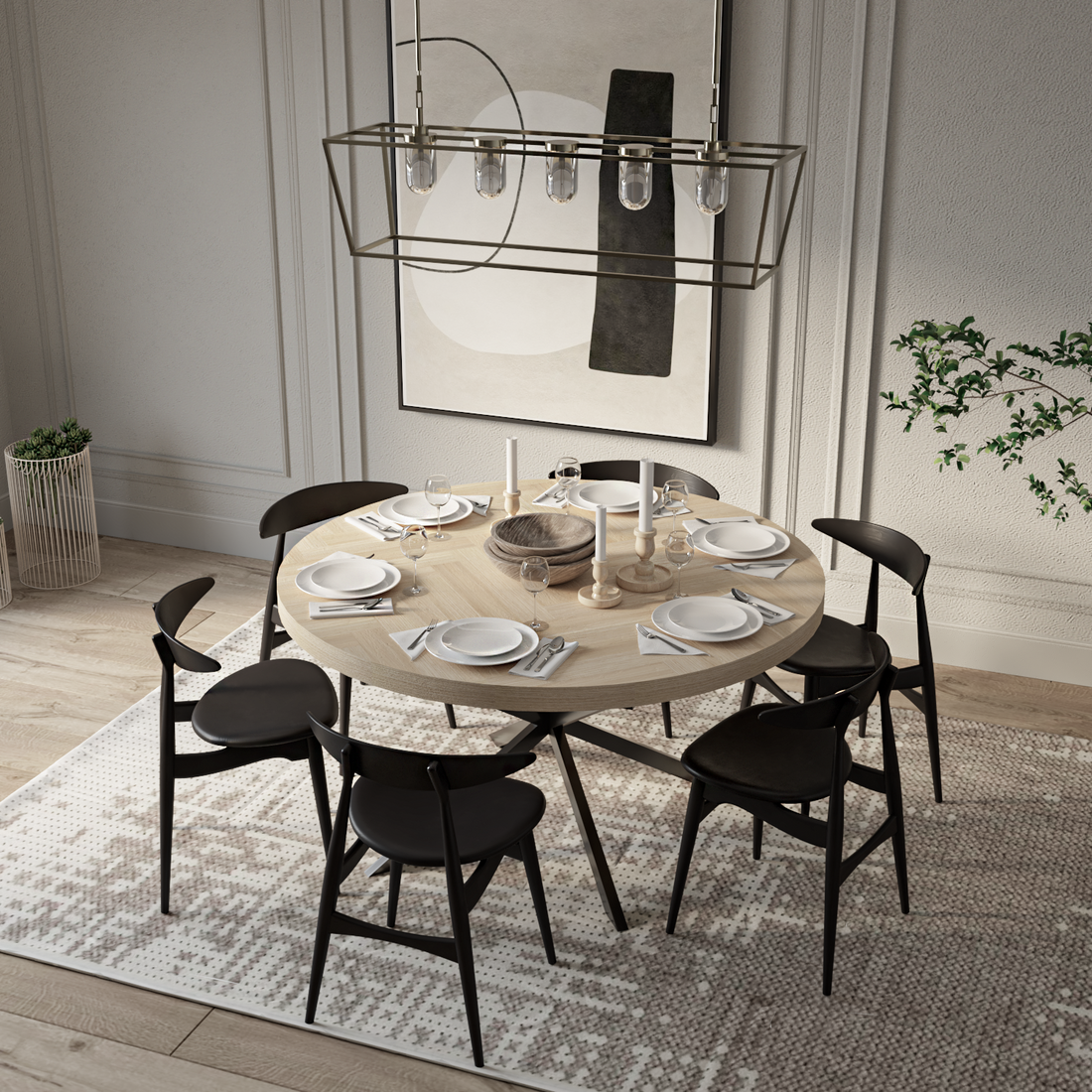 Table de salle à manger ronde extensible Astrid à chevrons en coton chêne | S10Home